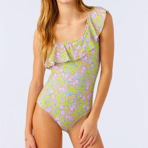 NWT O’NEILL Beatriz Ditsy Ruffle One-Shoulder One-Piece Swimsuit Girls Size 10